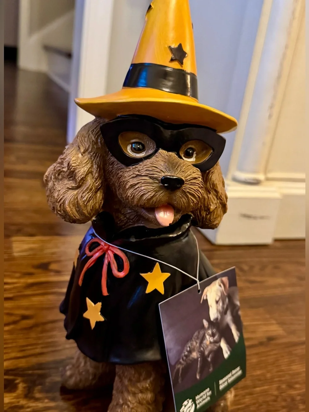 Halloween Spaniel Dog Figurine With Black Cape And Yellow Witch Hat